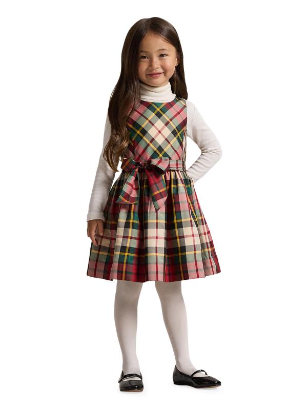 #3: فستان التفتا المنقوش بلا أكمام للفتيات الصغيرات والفتيات - كريم أحمر متعدد