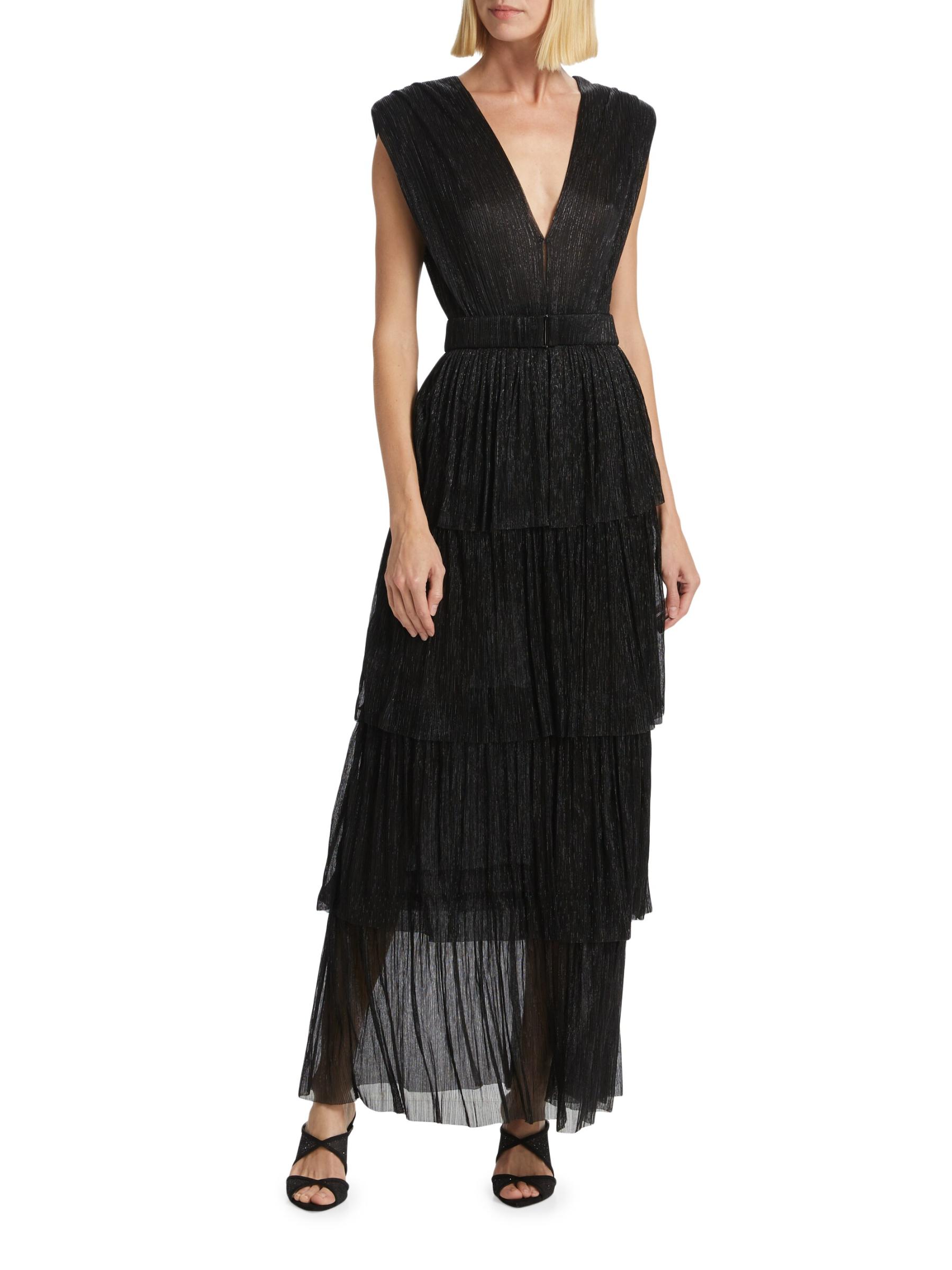 Sabina Musayev ★ Skylar Tiered Belted llic Gown Shop Sabina Musayev - Skylar Tiered Belted Metallic Gown