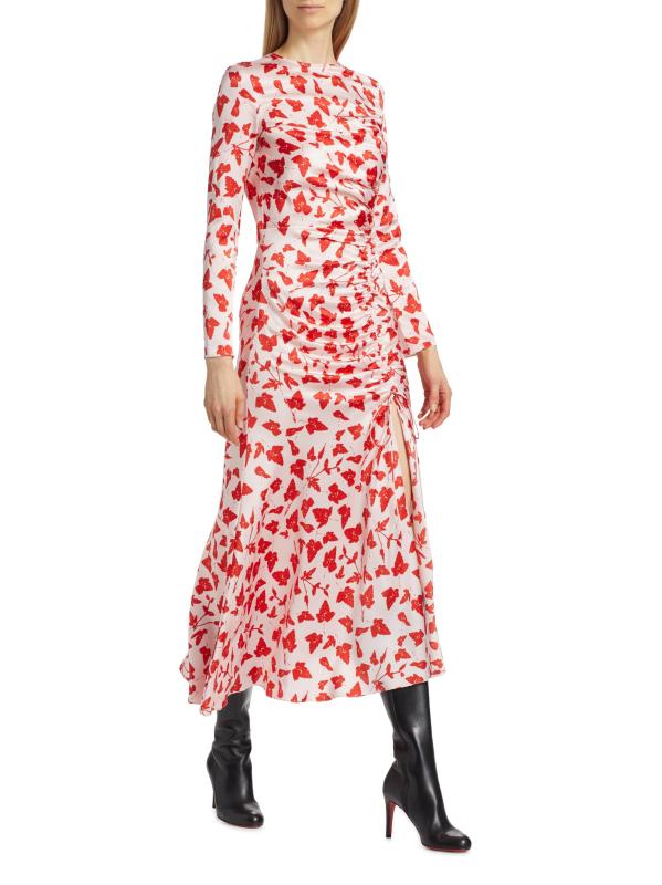 #7: فستان مزين بكشكشة من الحرير على شكل أوراق - طباعة أوراق حمراء وردية