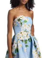 【Oscar de la Renta】ストラップレス フローラルファイユドレス Oscar De La Renta フローラル ストラップレスドレス | ブルー