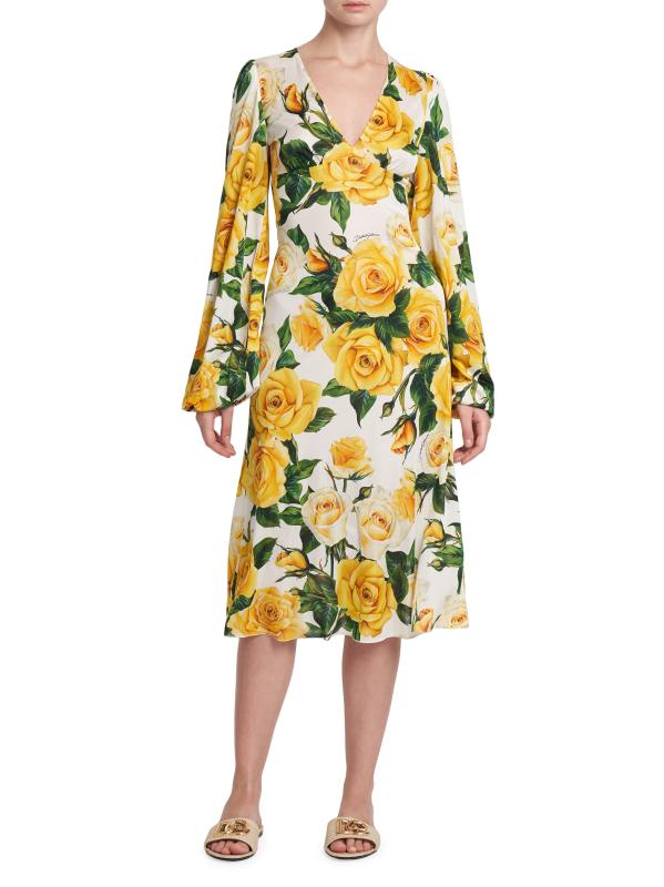 【DOLCE&GABBANA】ローズプリント シルク マキシドレス Vネック DOLCE&GABBANA - ローズプリントVネックミディドレス を