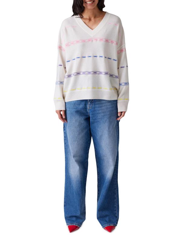 #4: سترة مطرزة من الكشمير برقبة على شكل V - قوس قزح أبيض