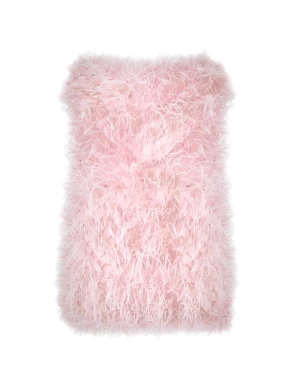 فستان جونيبر قصير بدون حمالات من الريش الصناعي