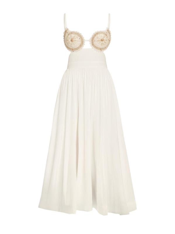 فستان متوسط الطول من القطن المطرز بقشرة الأعشاب البحرية