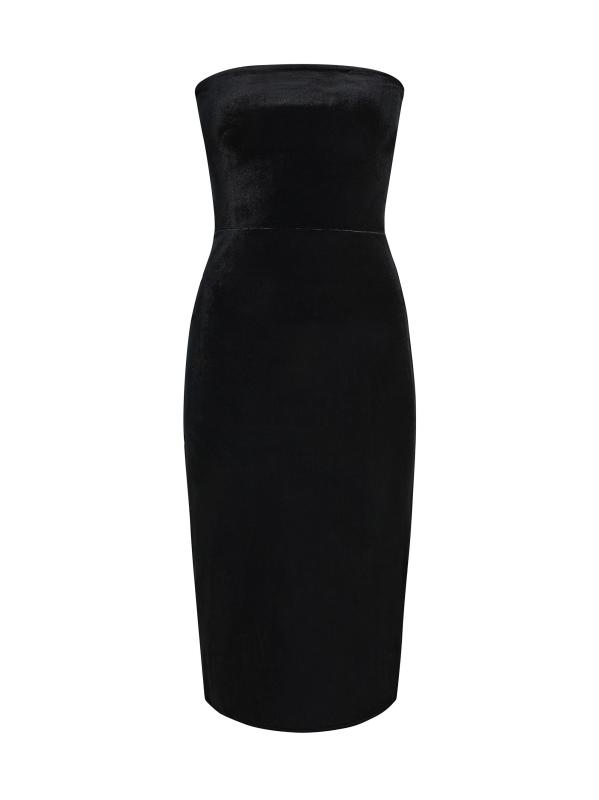 فستان مخملي متوسط الطول بدون حمالات