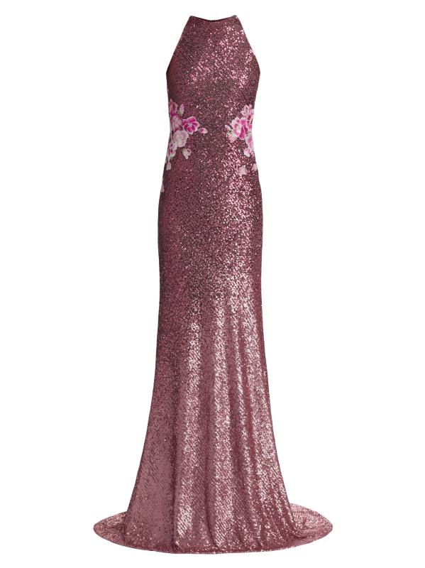 Sequined Floral Appliqué Halter Gown