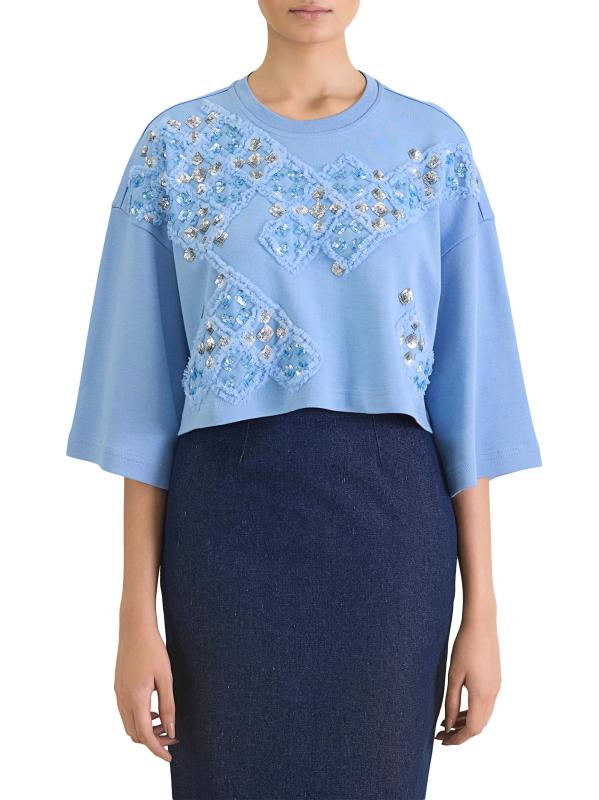 #3: تي شيرت قطني مطرز بالثريا - أزرق