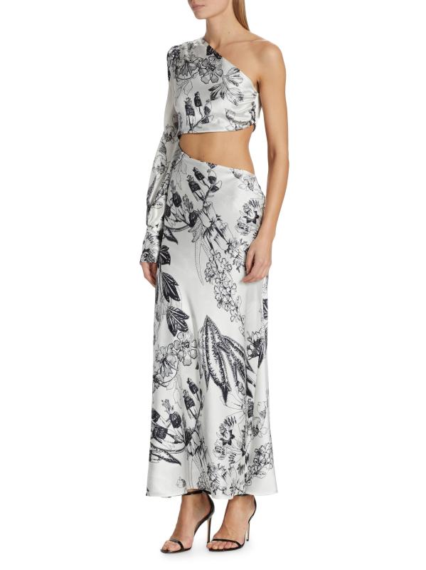 #3: فستان Matiz غير المتماثل من الحرير القابل للتمدد بالزهور - حرير ساتان قابل للتمدد باللون الأبيض والأسود