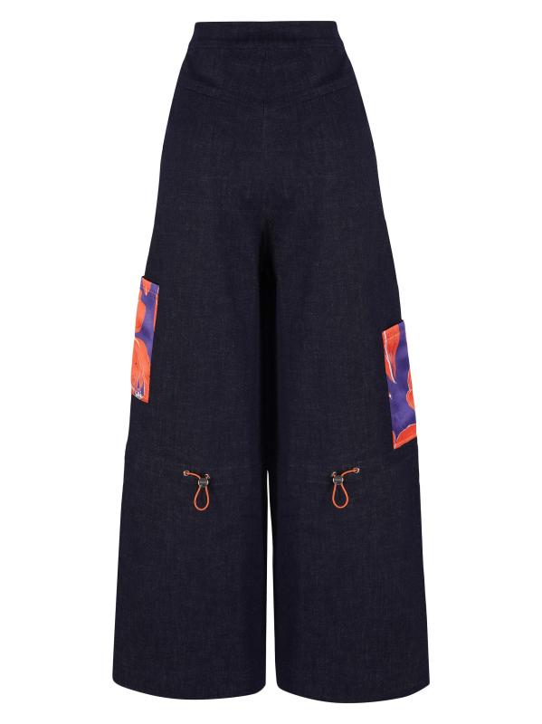 #2: بنطلون واسع الساق بجيب كارجو بنقشة الزهور - اللون النيلي