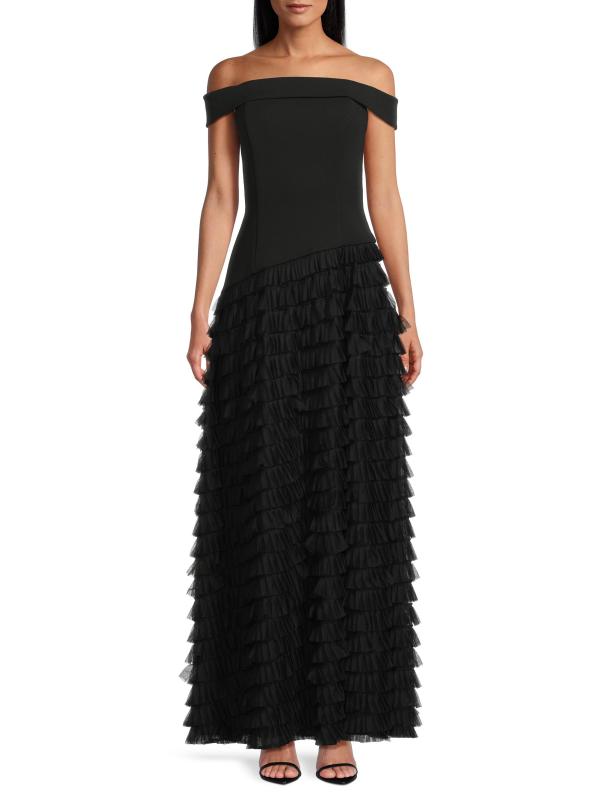 Shop Aidan Mattox Off-The-Shoulder Tiered Gown Saks Fifth
