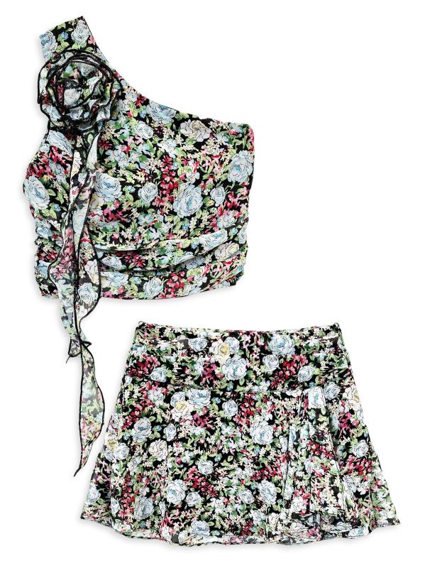 طقم بلوزة وتنورة كلارا فلورال بكتف واحد للبنات من قطعتين