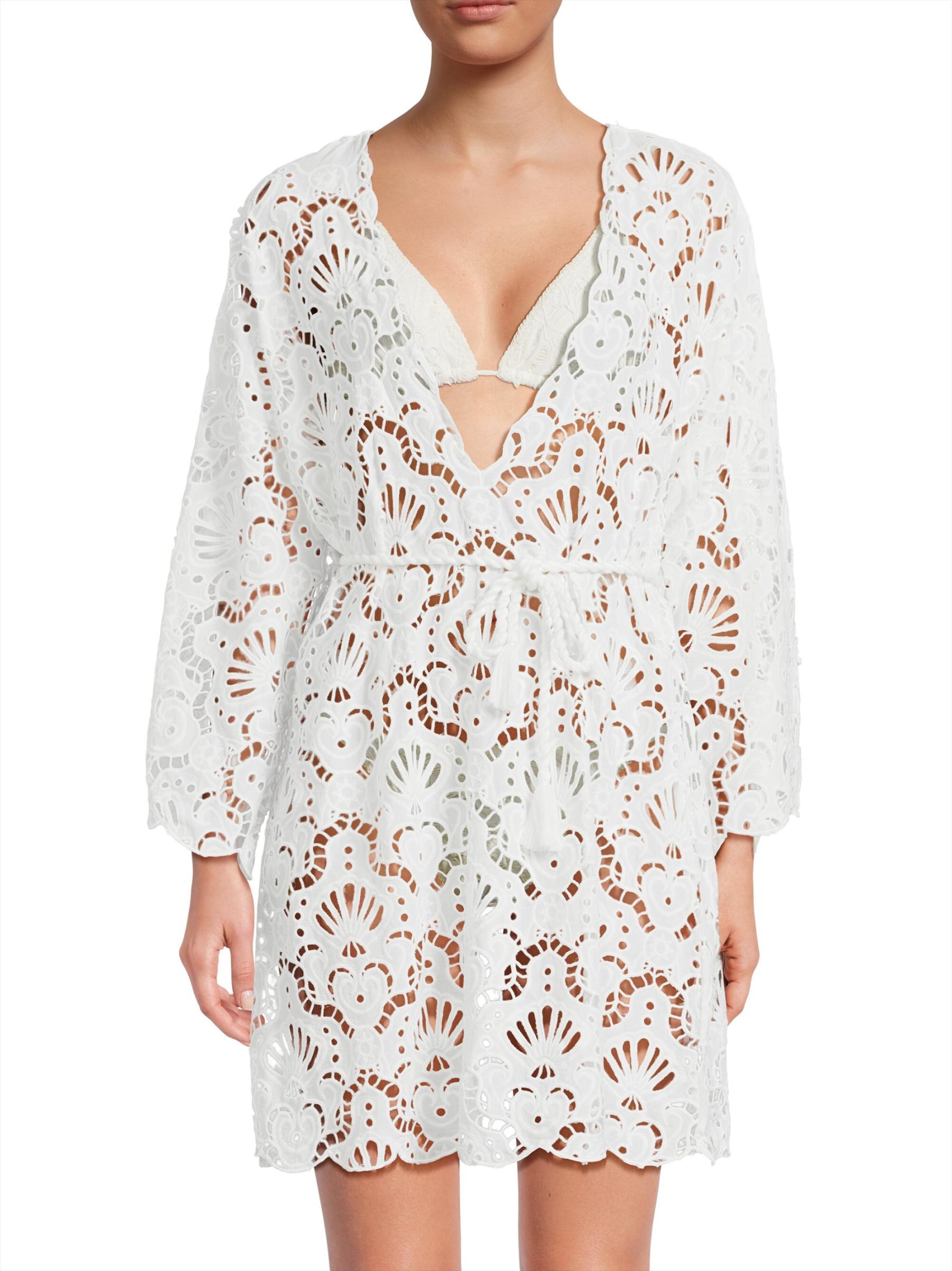 【Farm Rio】 Seashellレースコットンシャツ FARM Rio Seashell Embroidered Eyelet Cotton Button-Up Shirt