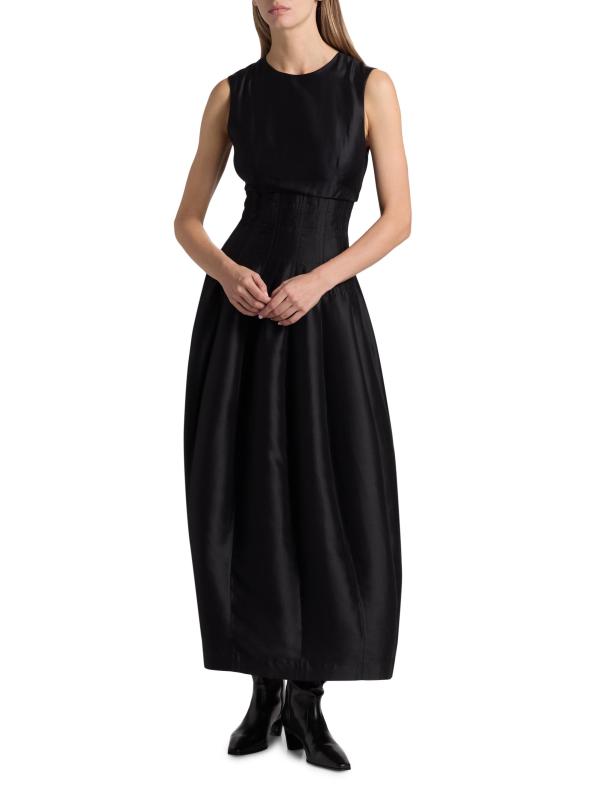 #7: فستان متوسط الطول من استيفانيا شانتونغ سيلك فيت آند فلير - أسود