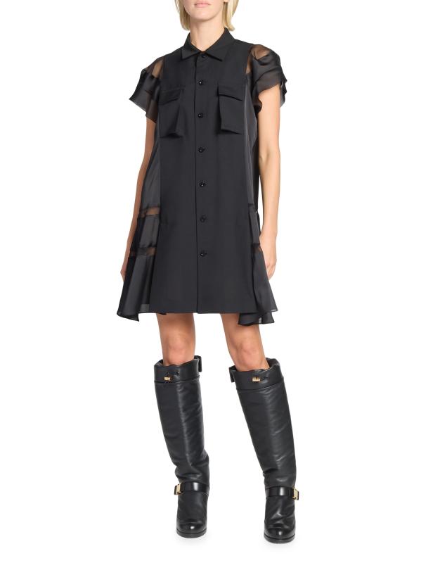 【関税込み】sacai ブラック パフスリーブ ミニドレス モノトーンストライプドレス/ノースリーブ/ボタン/谷間見せ/背中