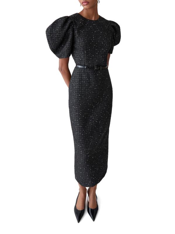 #4: فستان كوكتيل بأكمام منفوخة من التويد مزين بالترتر - أسود