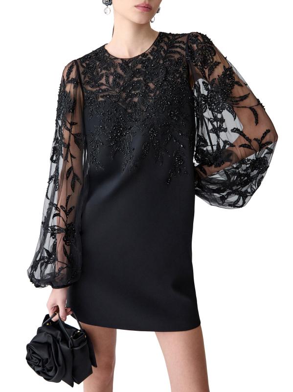 Shop Carolina Herrera Embellished Lace Puff-Sleeve Cocktail