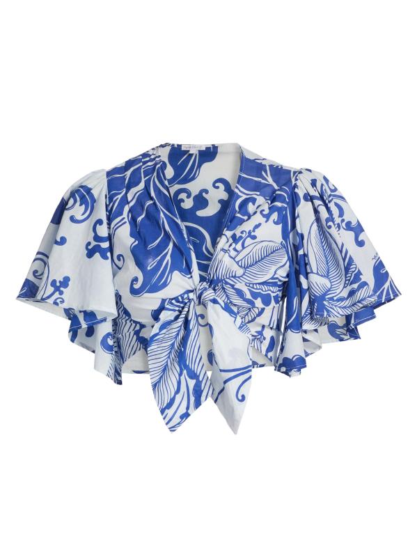 بلوزة من القطن بنقشة زهور مرجانية ورباط أمامي