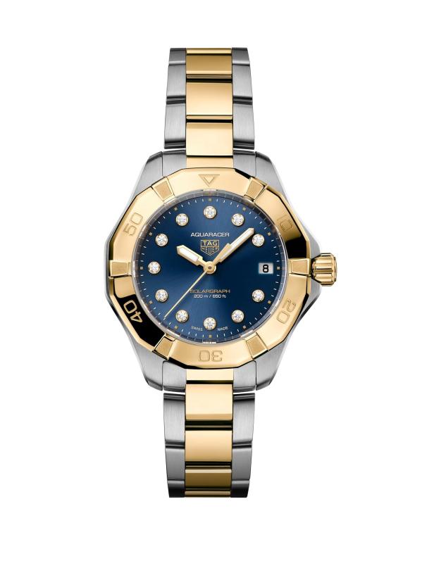 ساعة أكواريسر من الذهب الأصفر عيار 18 قيراط والفولاذ المقاوم للصدأ وبسوار ألماس 0.15 TCW/34 مم