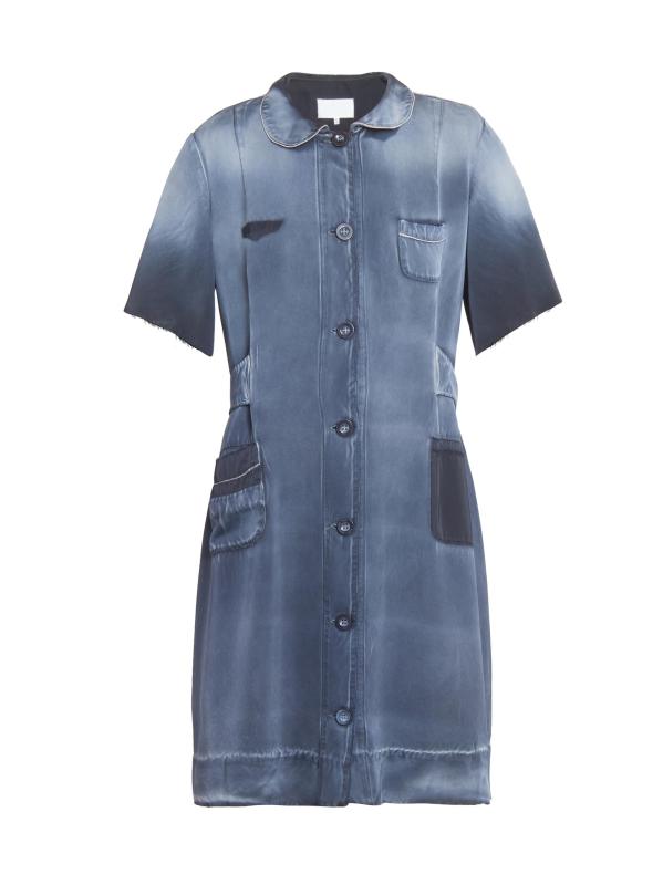 فستان ساتان صناعي بطول الركبة بأزرار أمامية