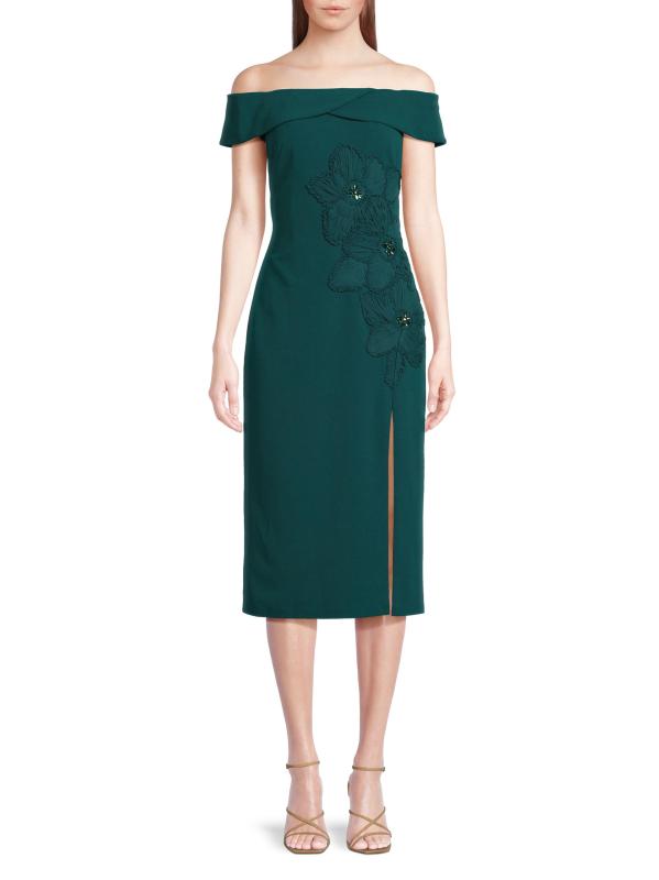 #2: فستان كوكتيل مكشوف الكتفين مزين بالأزهار - جوهرة خضراء