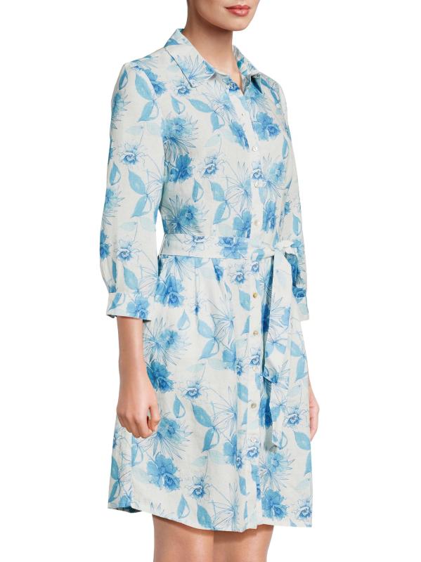 #3: قميص من الكتان المزهّر بحزام - قماش مطبوع باللون الأزرق