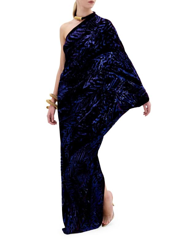 #2: فستان Erica Stripe من المخمل بكتف واحد - مخمل الباذنجان