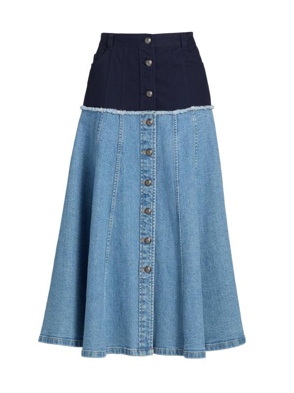 تنورة متوسطة الطول من Veena Colorblocked من الدنيم بأزرار أمامية