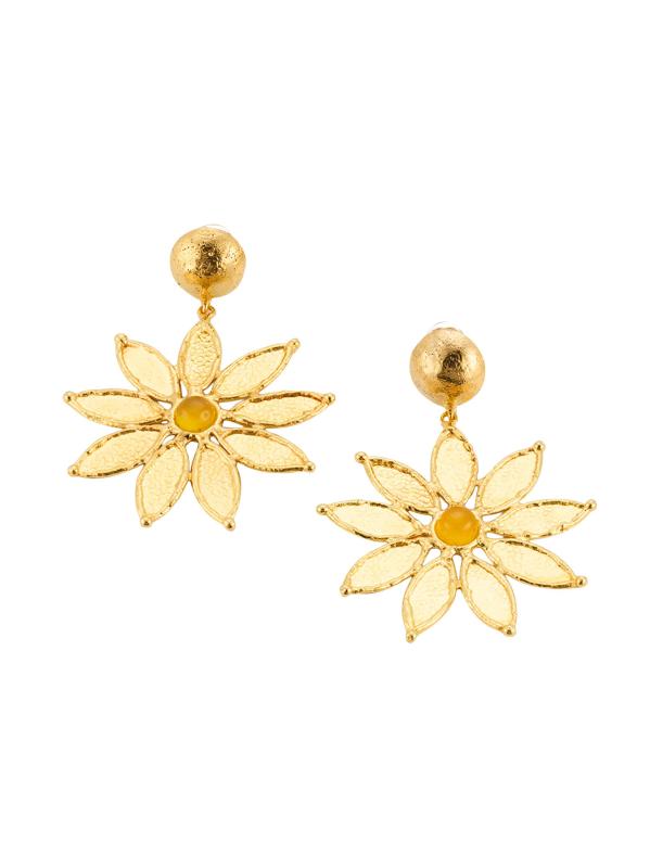 Yellow Flower 22K-Gold-Plated 
Onyx Drop Earrings