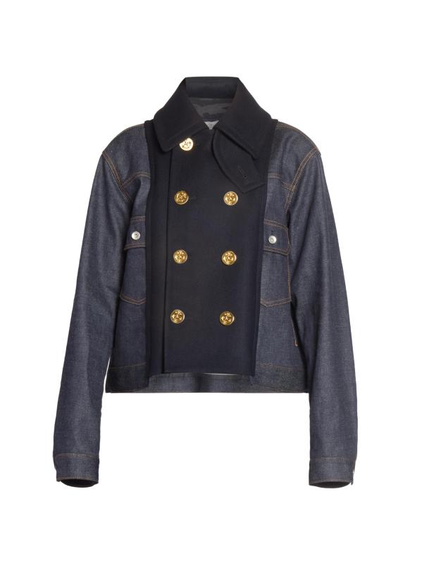 Mixed-Media Double-Breasted Denim Jacket