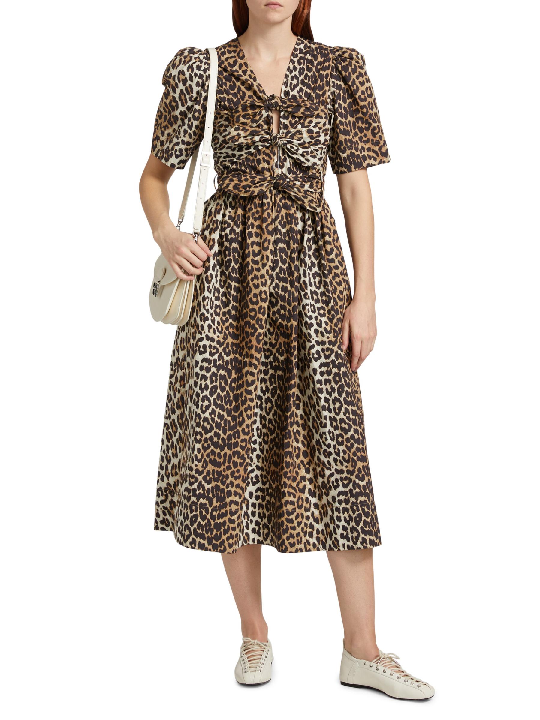 Shop GANNI - Leopard Cotton Tie-Strap Midi-Dress | Saks