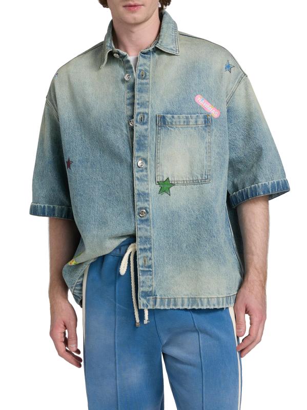 #2: قميص جينز مضمد بشعار الماركة - غسيل خفيف