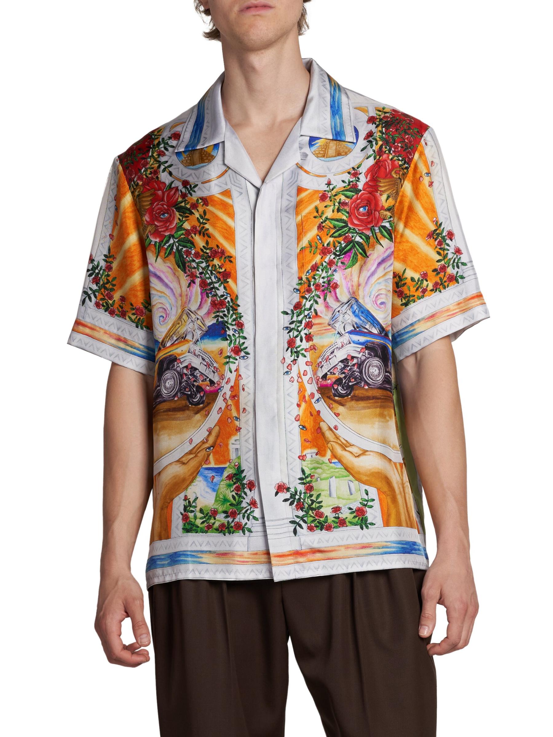 Shop Casablanca - Short-Sleeve Cuban Collar Silk Shirt