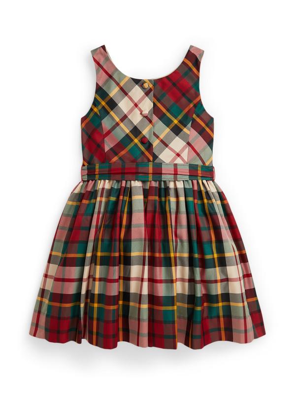 #2: فستان التفتا المنقوش بلا أكمام للفتيات الصغيرات والفتيات - كريم أحمر متعدد