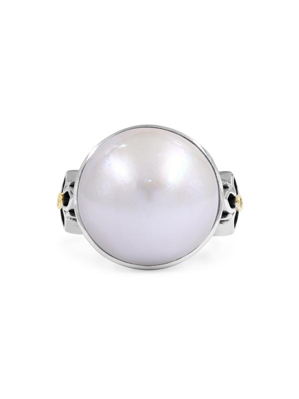 خاتم من الفضة الإسترلينية اللؤلؤية والذهب الأصفر عيار 18 قيراط والأحجار الكريمة المتعددة