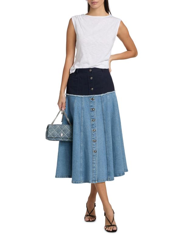 #7: تنورة متوسطة الطول من Veena Colorblocked من الدنيم بأزرار أمامية - القوات البحرية