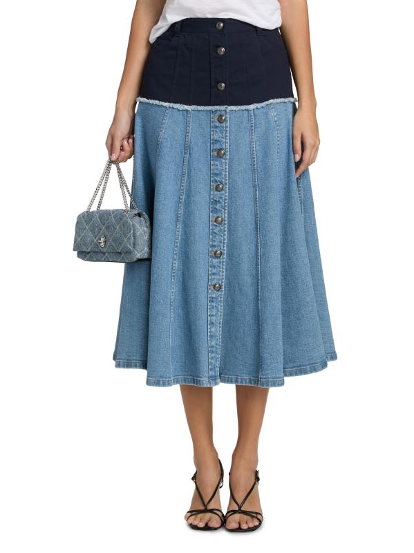 #2: تنورة متوسطة الطول من Veena Colorblocked من الدنيم بأزرار أمامية - القوات البحرية