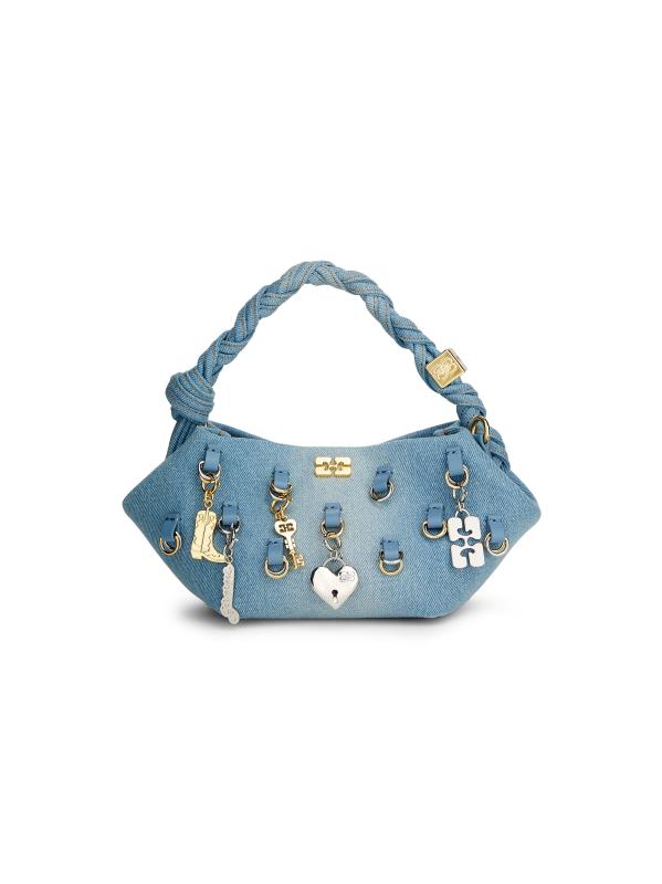 ★Ganni★ Mini Gani Boo Tote Bag Faded Denim A6512928 Shop GANNI - Mini Bou Charms Washed Denim Top Handle Bag
