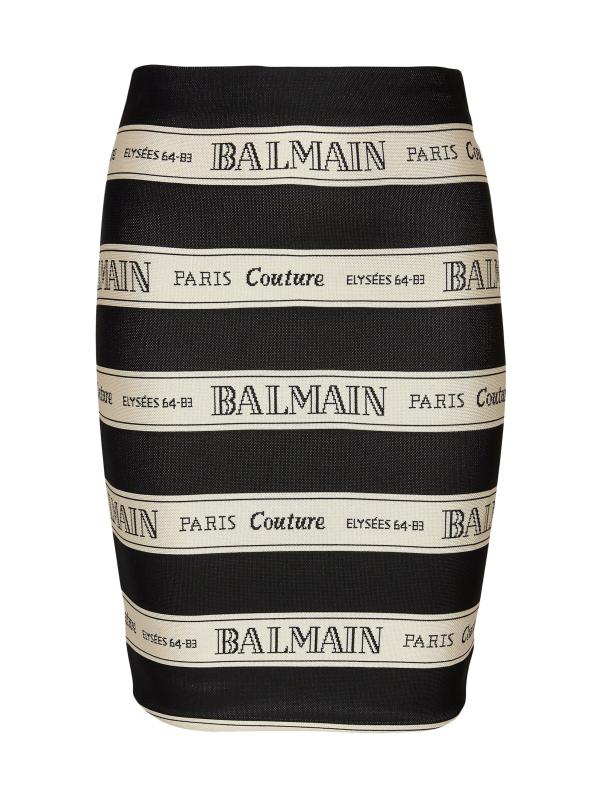 【関税込み】Balmain オフホワイト ペンシル ミニスカート Balmain - ロゴ・ストライプ・ジャカード・ミニスカート を