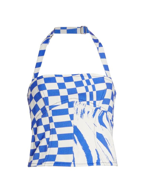 Wave 
Check Denim Halterneck Top