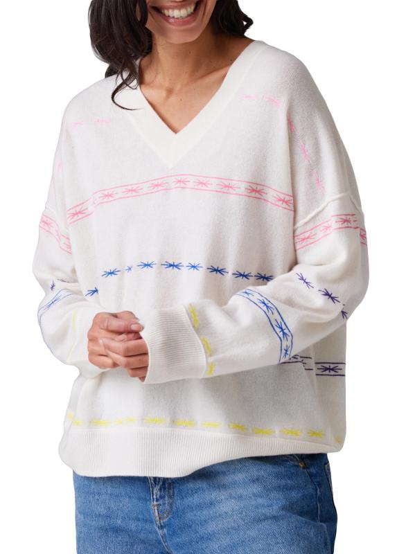 #2: سترة مطرزة من الكشمير برقبة على شكل V - قوس قزح أبيض