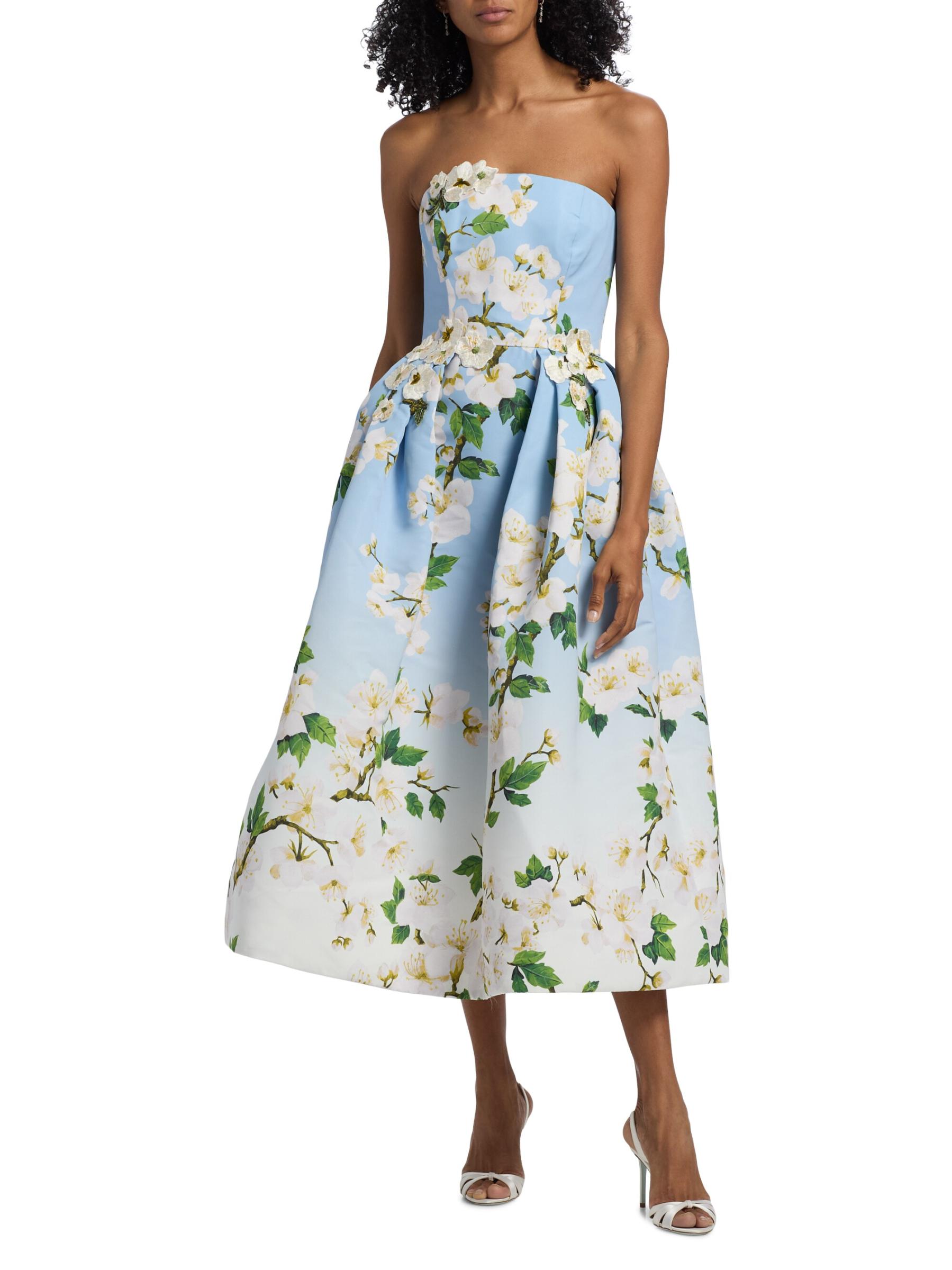 【Oscar de la Renta】ストラップレス フローラルファイユドレス OSCAR DE LA RENTA ファイユ ストラップレス ロングドレス