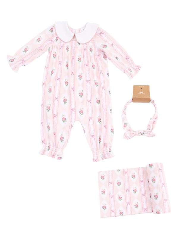 طقم معطف ورباط وبطانيات من الدانتيل المزين بالزهور للفتيات الصغيرات