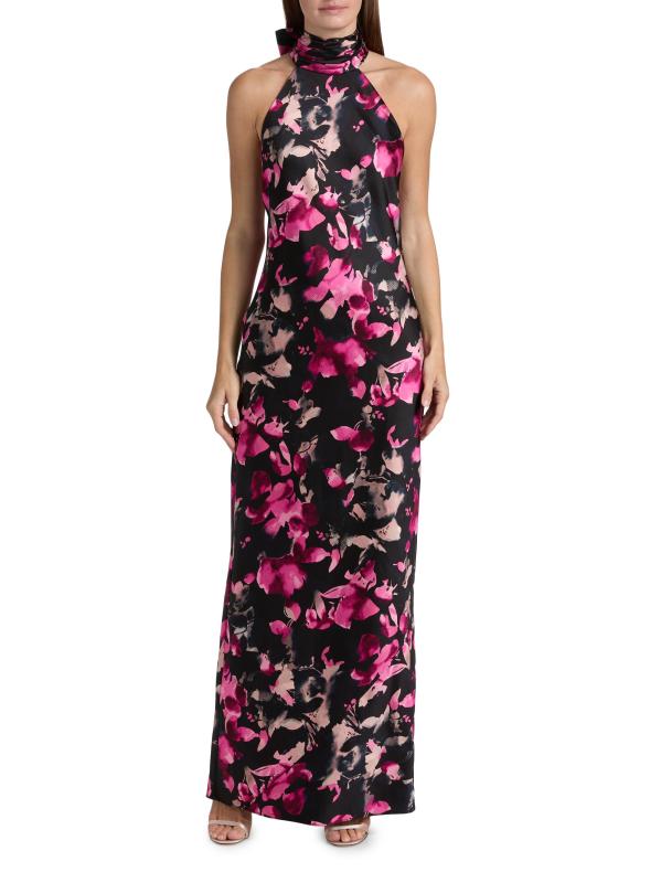 #7: فستان تاتيانا برقبة عالية من الساتان الزهري - زهور برية متعددة