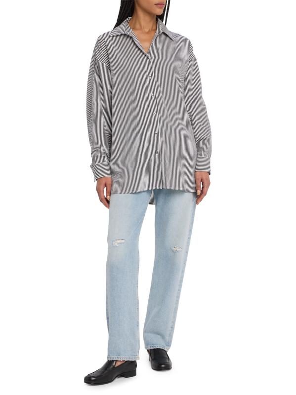 #5: قميص مخطط كبير الحجم من برونا - أزرق + أبيض