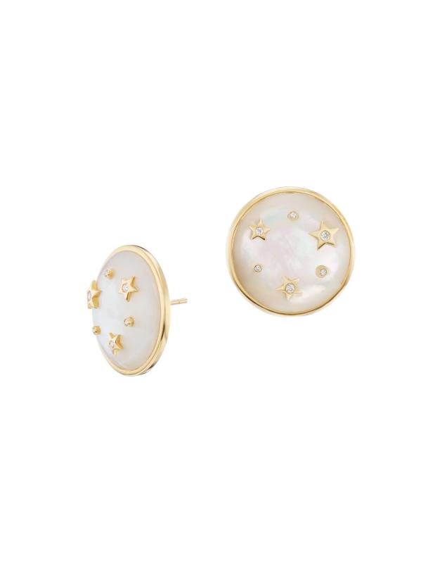 Tarot Le Stelle 18K Yellow Gold, Mother-Of-Pearl, 
0.06 TCW Diamond Button Stud Earrings