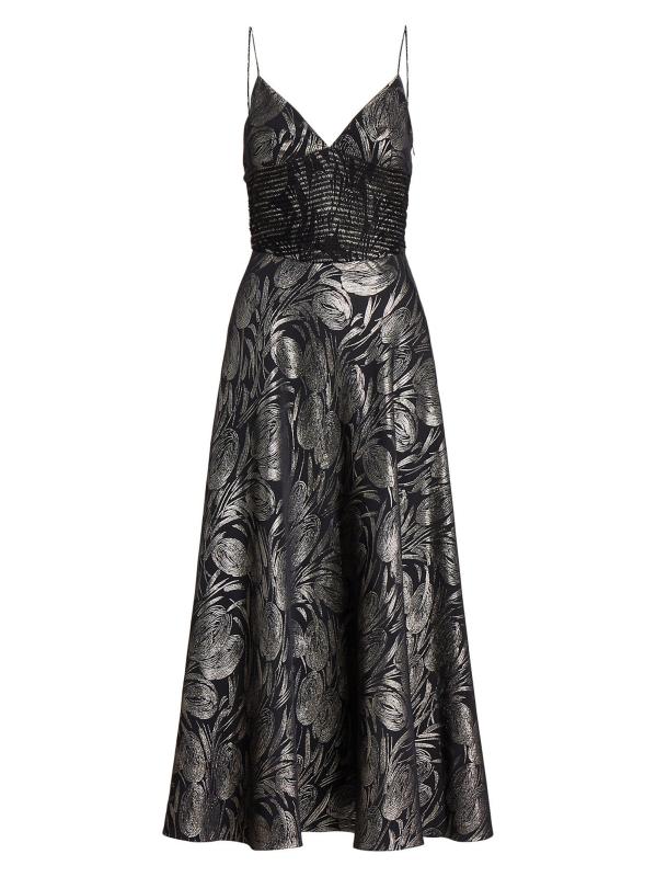 فستان متوسط الطول من الجاكار بنقشة الزهور من هنري