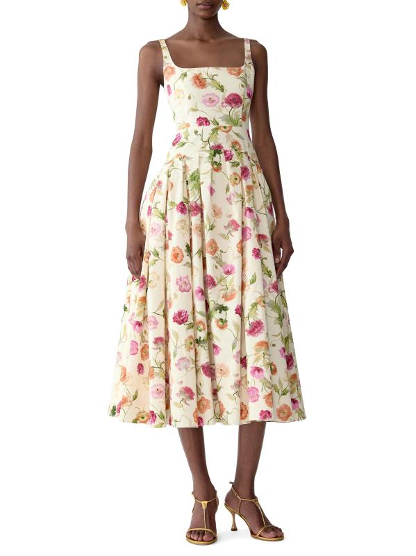 #2: فستان متوسط الخصر من القطن القابل للتمدد بنقشة الزهور - متعدد اللوز