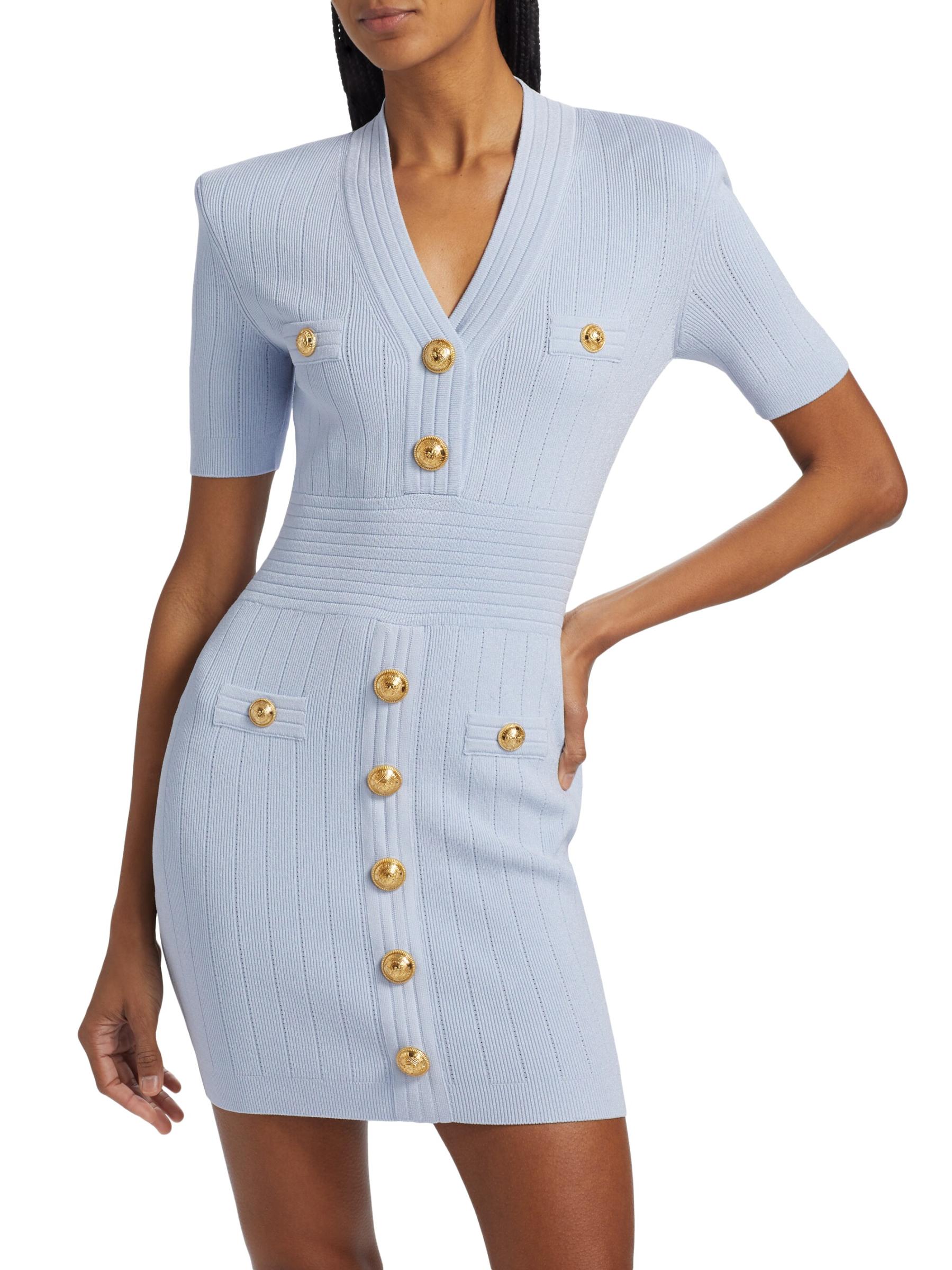 【関税込み】Balmain ブルー ニット ボタン ミニスカート Balmain: ブルー ニット ボタン ミニスカート | SSENSE 日本