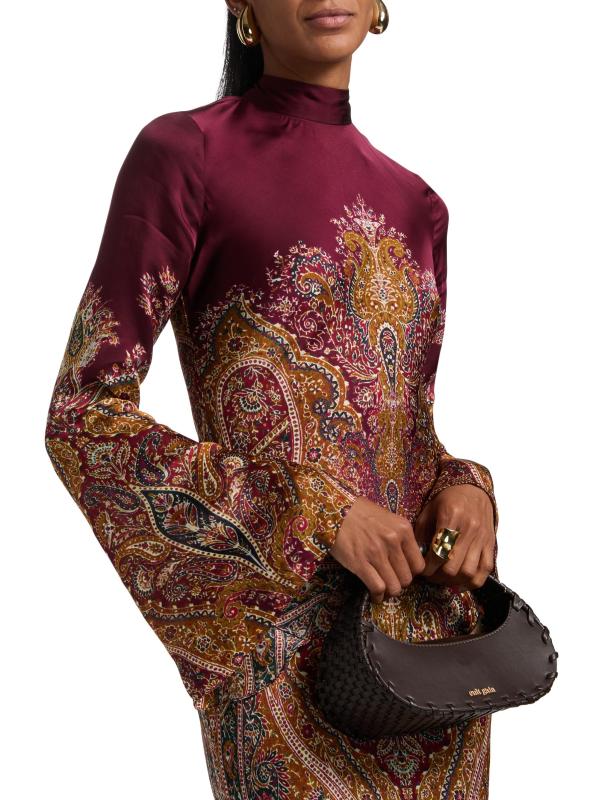 #5: فستان شيفا ساتان طويل بياقة عالية - عنابي اللون