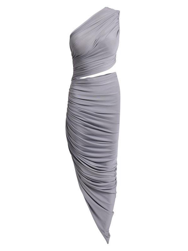 فستان ماكسي بقصّة غير متماثلة من الجيرسيه المزركش